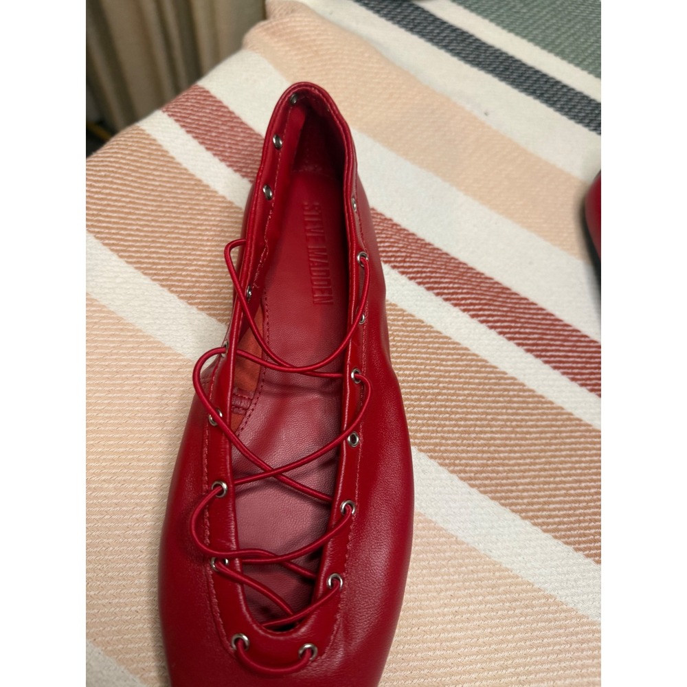 Steve Madden Pointe Flats Women 6.5 Red Leather Lace Up Square Toe Ghillie - Picture 6 of 9